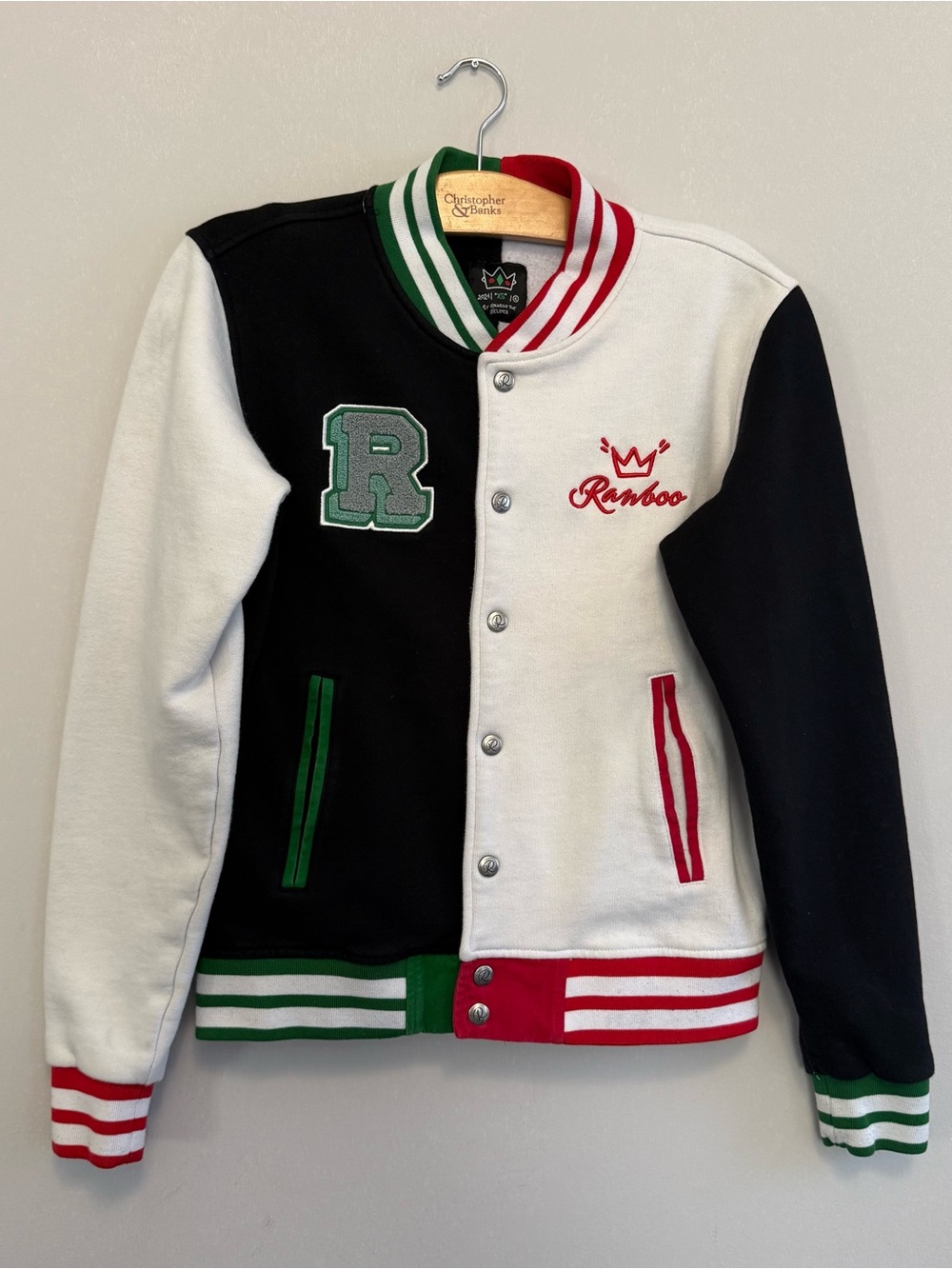 Ranboo Colorblock Varsity Bomber Jacket - Red, White, Green & Black Men  Size XS